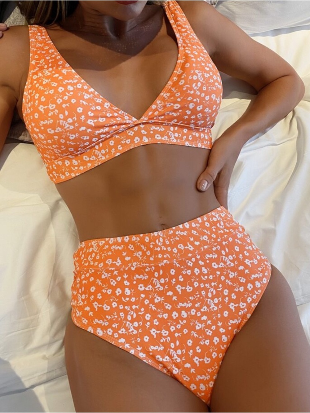 Orange Floral High-Waist Bikini Set